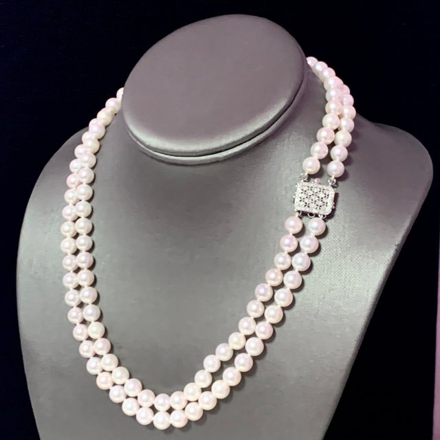 White Diamond Akoya Pearl 2-Strand Necklace 14k Gold Certified For Sale - Image 8 of 11