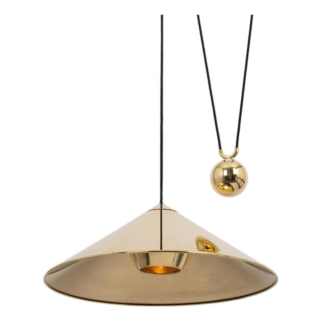 Keos Adjustable Counterweight Pendant Lamp in Brass attributed to Florian Schulz, Germany, 1970s For Sale