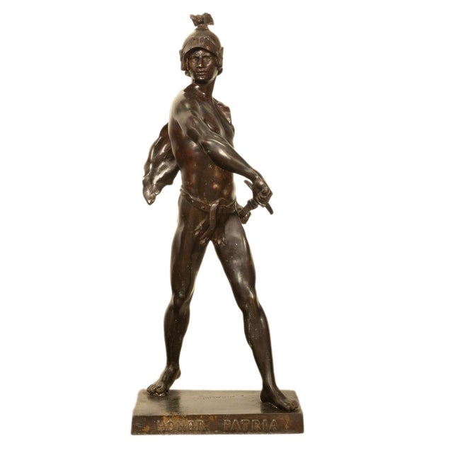 A very handsome tall antique French patinated bronze statue of a Greco-Roman warrior, circa 1890, by Émile Louis Picault...