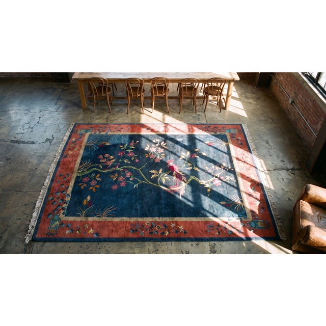 Textile 1920s Blue Navy Floral Antique Chinese Art Deco Rug 6' X 8'8" Handknotted Wool Carpet For Sale - Image 7 of 9