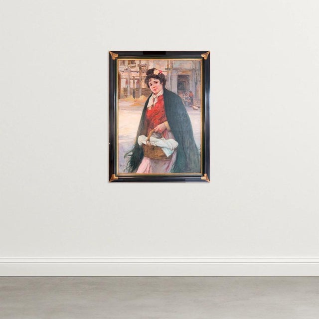 This captivating 19th-century oil on canvas by r. Brugada features a young flower seller standing in a quiet probably...
