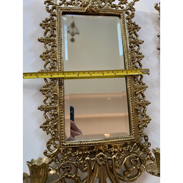 Metal Vintage Pair Italian Bacchus Brass Mirror Wall Hanging Sconces Candleholders For Sale - Image 7 of 12