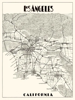 Reproduction Los Angeles Map Print - Black on Cream 24" X 36"