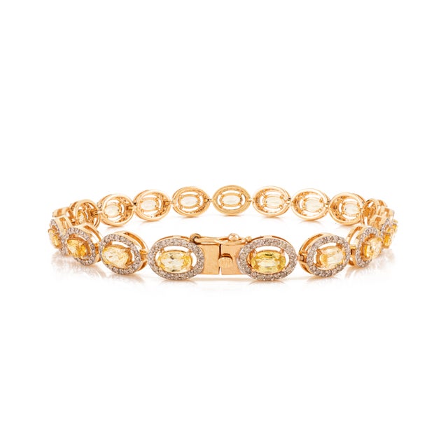 Metal Luxury 5.76 Ct Yellow Sapphire & Diamond Halo Tennis Bracelet in 14k Yellow Gold For Sale - Image 7 of 13