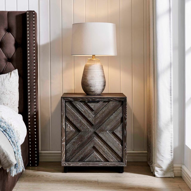 This Stylish One-door Cabinet Features A Dark Charcoal Oak Veneer With A Striking Chevron Wood Grain Pattern On The Front....