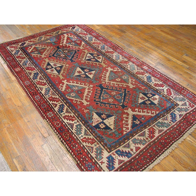 1880s Red Diamond Tribal Antique Caucasian Kazak Rug 4' 4'' X 8' 0'' Knotted Wool Carpet For Sale - Image 10 of 10