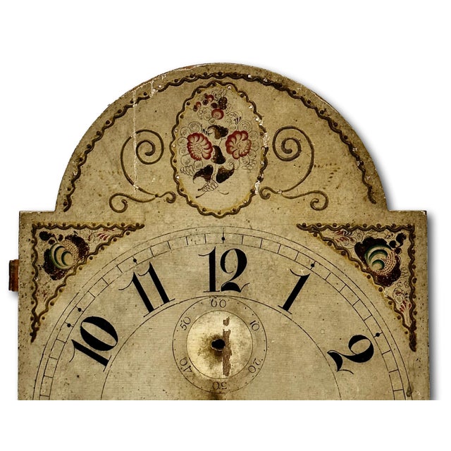 Ruby Red Antique American Hand Painted Wood Grandfather Clock Dial by Connecticut Maker Silas Hoadley - Circa Very Early 1800s For Sale - Image 8 of 18