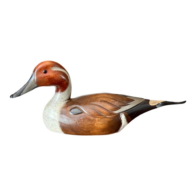 1980’s Vintage Hand-Carved Pintail Duck Decoy – Rustic Americana Folk Art by Wooden Duck Factory For Sale
