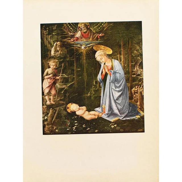 An excellent vintage full-color reproduction print after painting "The Adoration in the Woods" by Fra Filippo Lippi. Comes...