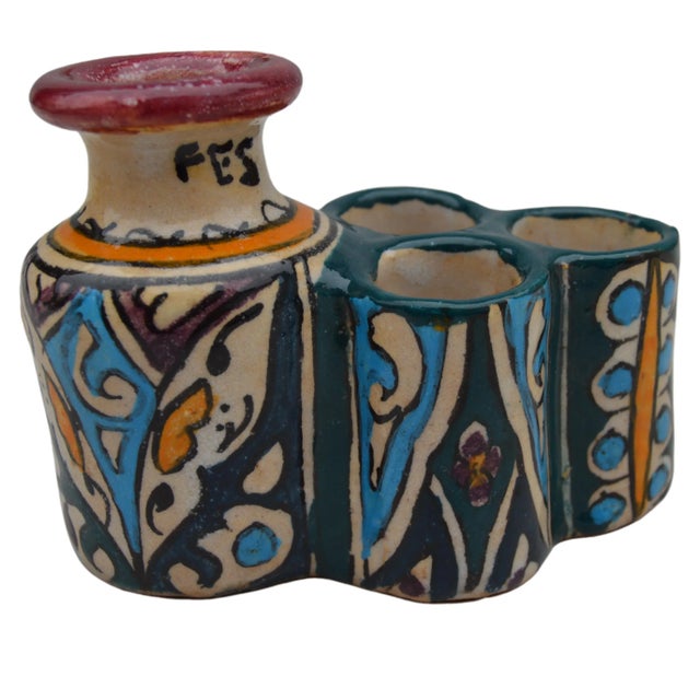 Mid 20th Century Moorish Colorful Ceramic Inkwell With Catchall For Sale - Image 9 of 9