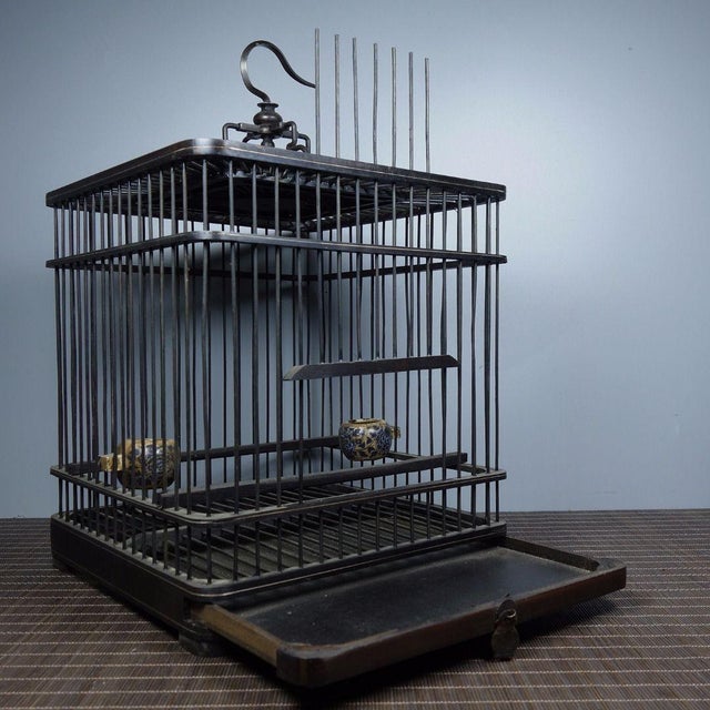Wood Vintage Dark Wood Birdcage With Bronze Wire and Ceramic Feeders For Sale - Image 7 of 8