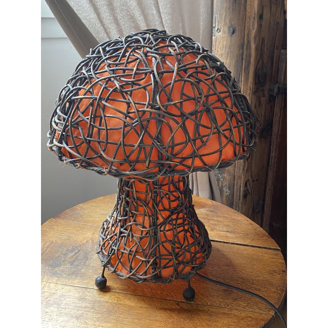 Large vintage mushroom-shaped table lamp, characterized by a shade and base structurally wrapped in a randomly woven...