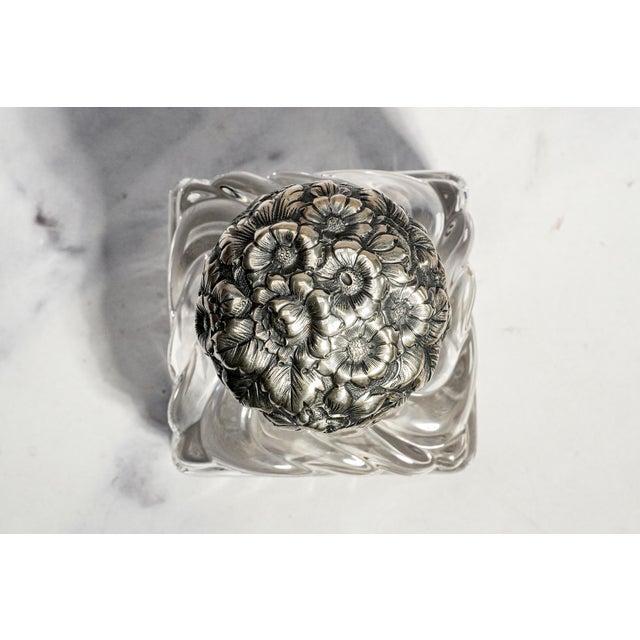 Victorian Magnificent Antique Victorian Sterling Silver Repoussé Floral & Swirl Crystal Desk Paperweight Inkwell Luxury Home Decor For Sale - Image 3 of 14
