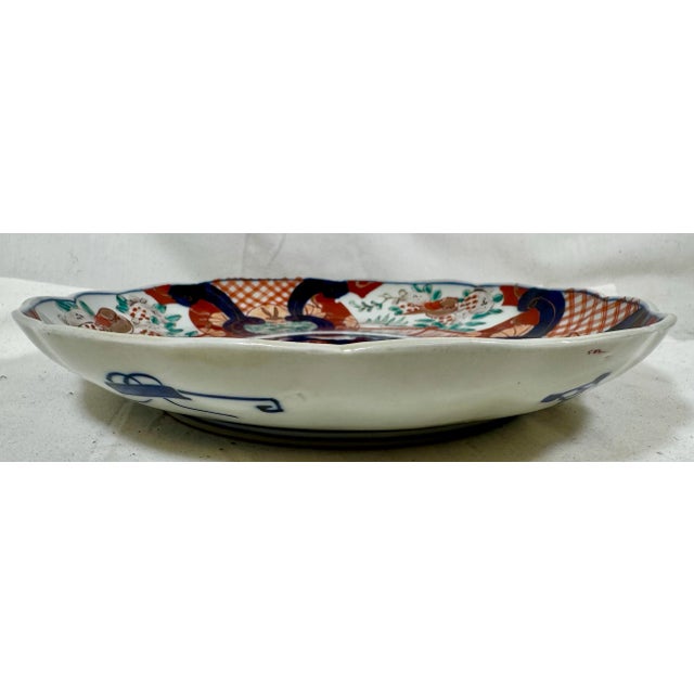 Ceramic Vintage Scalloped Edge Imari Plate Decorated With Colorful Birds & Rabbits From Japan - Circa 1940 For Sale - Image 7 of 12