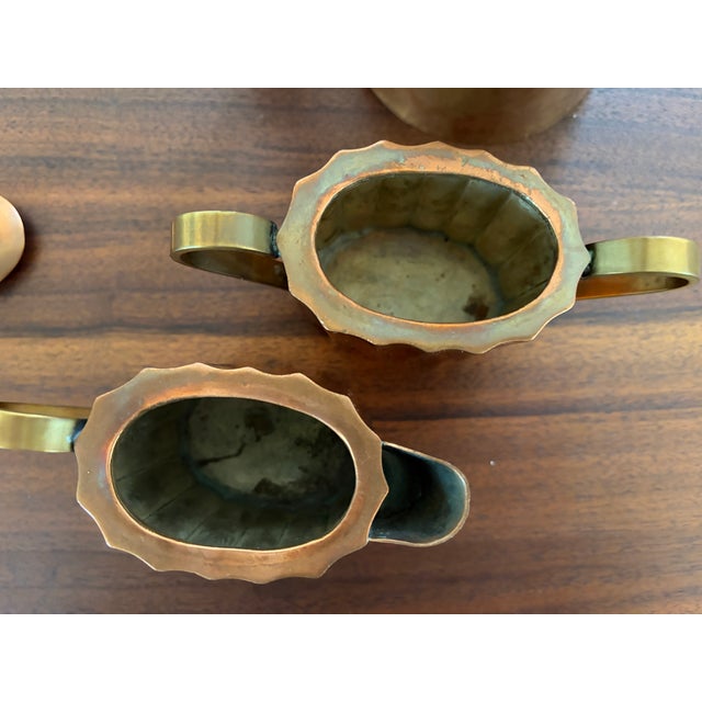 1960s 1960s Handcrafted Mid-Century Modern Copper Coffee Service Artisan Studio Brass & Wood Sculptural Design - Set of 3 For Sale - Image 5 of 18