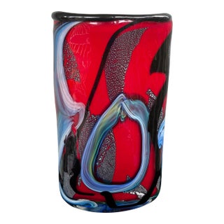Vintage Murano Hand-Blown Art Glass Vase With Aventurine, Red & Blue Swirl Design For Sale