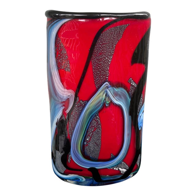 Vintage Murano Hand-Blown Art Glass Vase With Aventurine, Red & Blue Swirl Design For Sale