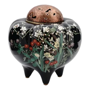 Late 19th Century Antique Meiji Japanese Cloisonne Enamel Silver Wire Koro Censer Bird in Cherry Blossom