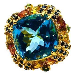 Bochic “Capri” Vintage Multi Fancy Sapphire and Blue Topaz Cocktail Ring — 18K G For Sale