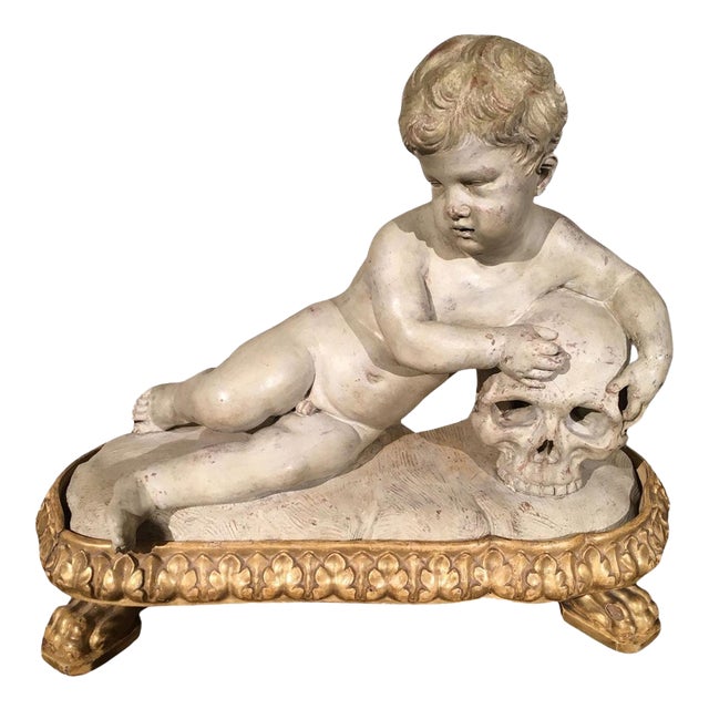 Memento Mori Child Skull Figure Sculpture, Faux White Marble, Late 17th Century For Sale