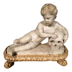 Memento Mori Child Skull Figure Sculpture, Faux White Marble, Late 17th Century