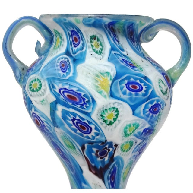 Murano Fratelli Toso Murano Antique Italian Art Glass Millefiori Flowerr Mosaic Double Handles Design Vase For Sale - Image 4 of 7