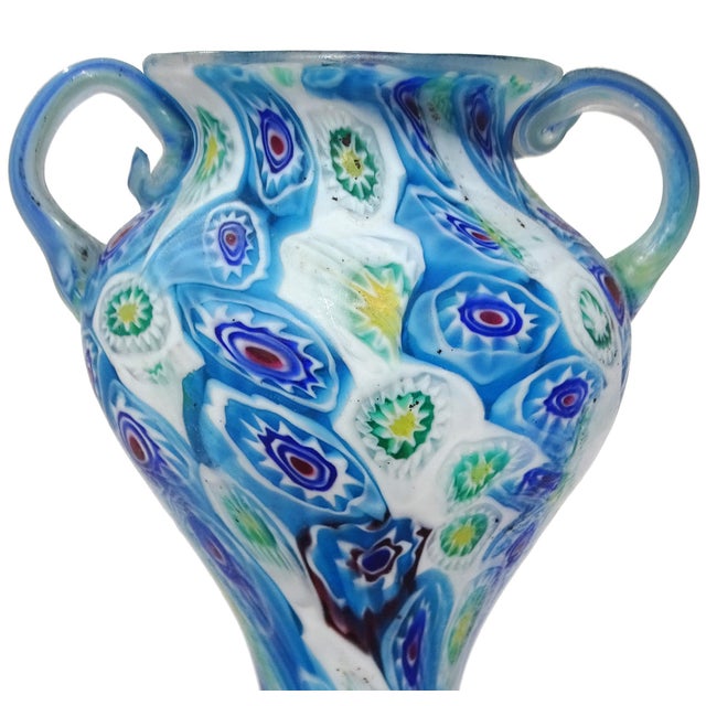 Murano Murano Fratelli Toso Antique Italian Art Glass Millefiori Flowerr Mosaic Double Handles Design Vase For Sale - Image 4 of 7