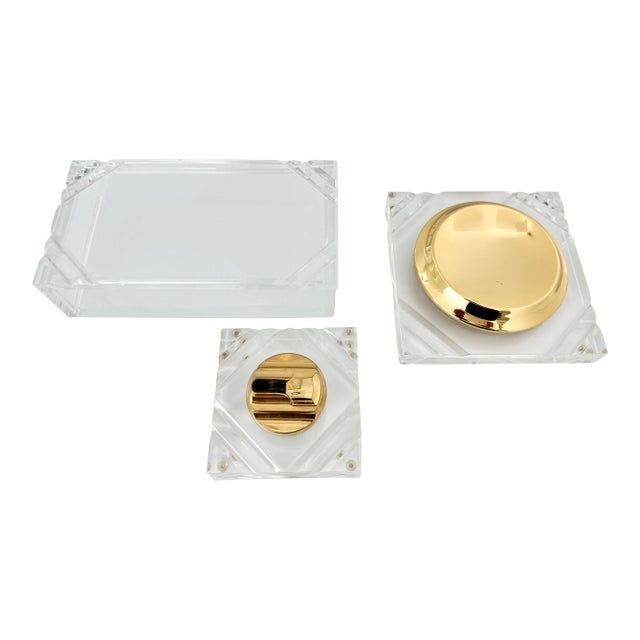 Indented Striped Corners Lucite & Gold Italian Smoker Set From 70's For Sale