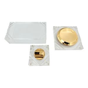 Indented Striped Corners Lucite & Gold Italian Smoker Set From 70's