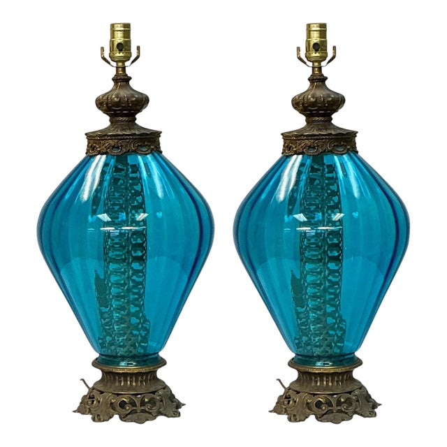 Hollywood Regency Era Blue Glass and Brass Table Lamps - Pair For Sale