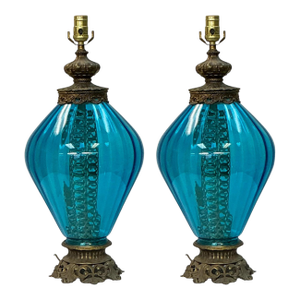 Hollywood Regency Era Blue Glass and Brass Table Lamps - Pair