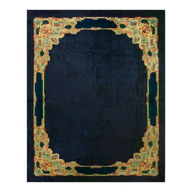 1920s Unique Blue Multicolor Antique Chinese Peking Carpet 12' X 14'9" Wool Rug For Sale