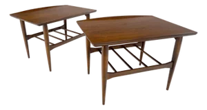 Pair Walnut Curved Rolled Edges Magazine Rack Shelf End Side Tables Stands