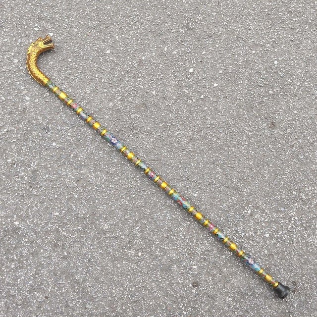 Metal Vintage Cloisonne Dragon Head Cane - Gilt Enamel Walking Stick For Sale - Image 7 of 9