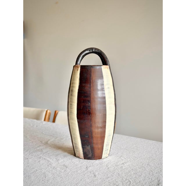 Mid 20th Century Studio Pottery Loop Handle Vessel, Hand-Thrown Ceramic Vase, Earth Tone Glaze, Organic Modern Sculptural Form For Sale - Image 4 of 11