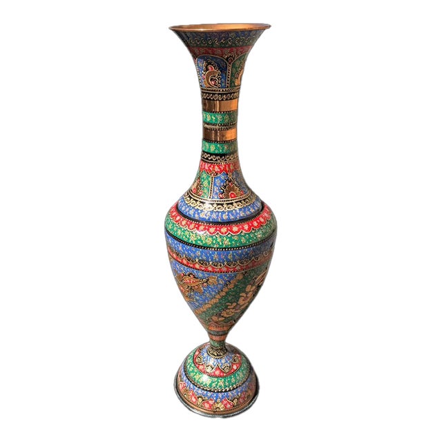 Vintage Hand Painted Large Copper Floor Vase For Sale