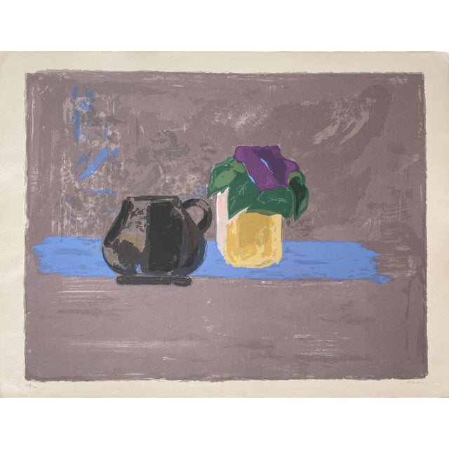 Efraim Fima, Chinese Israeli Modernist Still Life Lithograph Abstract Flowers in Vase For Sale