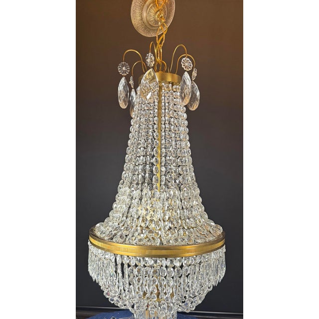 Metal Vintage Chandelier- Extraordinary French Montgolfière Empire-Brass & Crystal Basket Chandelier For Sale - Image 7 of 15