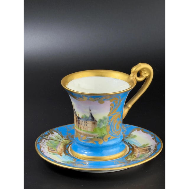 French Hand-Painted Porcelain Cup and Saucer in the style of Sèvres, 19th Century, Set of 2 For Sale - Image 5 of 13