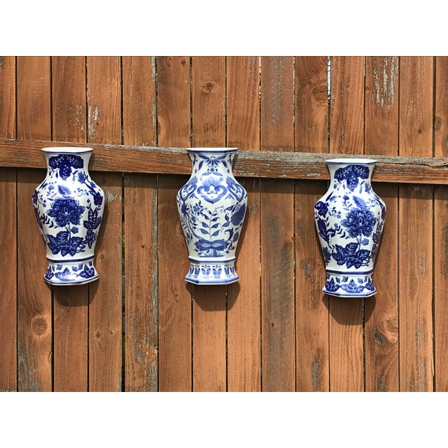Vintage Chinoiserie Blue and White Wall Pocket Vases Set of 3 Chairish