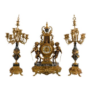 Imperial Italian Brevettato Gilt Bronze Mantel Clock Garniture Set With Candelabra For Sale