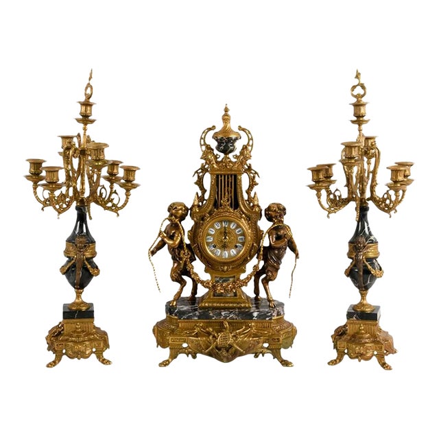 Imperial Italian Brevettato Gilt Bronze Mantel Clock Garniture Set With Candelabra For Sale