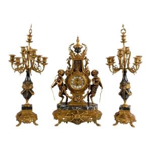 Imperial Italian Brevettato Gilt Bronze Mantel Clock Garniture Set With Candelabra