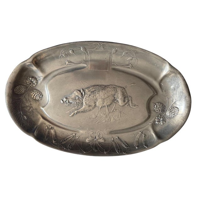 Kayserzinn platter with a boar. circa 1900 From Germany