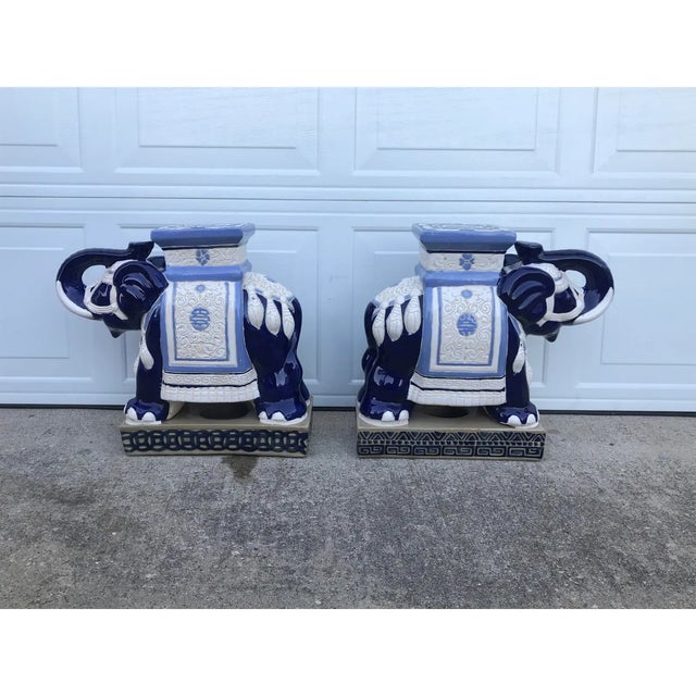 Blue & White Ceramic Elephant Good Luck Trunk Up Garden Stools a Pair
