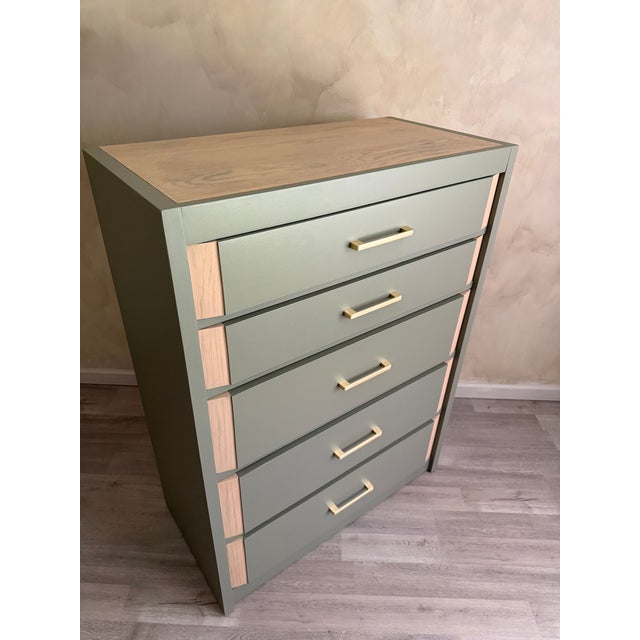 1970s Sage Green Tall Dresser | Organic Modern Chest of Drawers With Natural Wood Accents For Sale In New York - Image 6 of 10