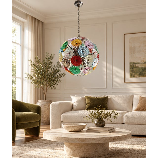 Sputnik Pendant Light with 51 Flowers in Multicolored Glass and Burnished Brass from Justfurnituress SRL For Sale - Image 10 of 11