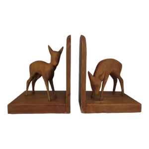 Vintage Mid-Century Modern Wood Deer Bookends, Oberlander Handarbeit Hand Carved in Switzerland - a Pair