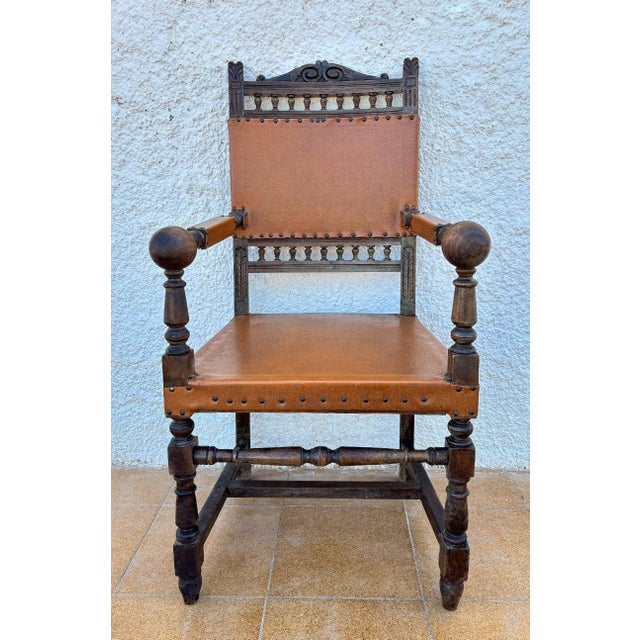 Wood Spanish Renaissance Revival Leather Armchair, Early 20th Century For Sale - Image 7 of 10