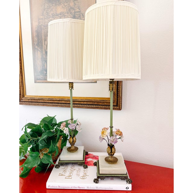 Vintage Hollywood Regency Porcelain Flower Table Lamps With Alabaster Bases by Almco - A Pair For Sale - Image 11 of 11